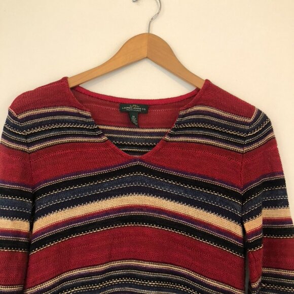 RALPH LAUREN JEANS CO LRL Red Navy Striped Cotton Linen 3/4 Sleeve Fall Sweater - Picture 2 of 7